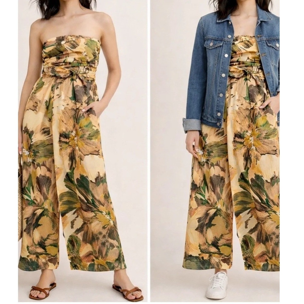 Free People Jumpsuit Multi Floral Boho Wide Leg Cotton Fall Layering Smocked XS